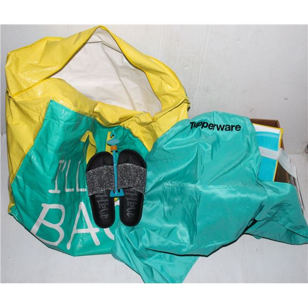LOT OF BAGS, SANDAL SIZE 7, TUPPERWARE APRON