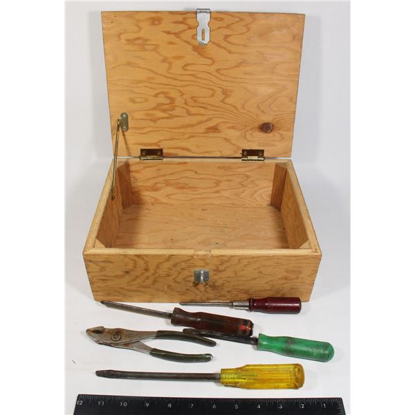 WOOD LOCKBOX WITH OLD TOOLS