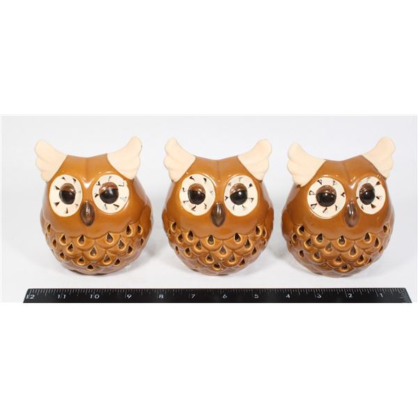 VINTAGE 3 CERAMIC OWLS CANDLE LIGHT