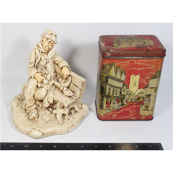 ANTIQUE TIN AND OLD MAN CERAMIC FIGURE