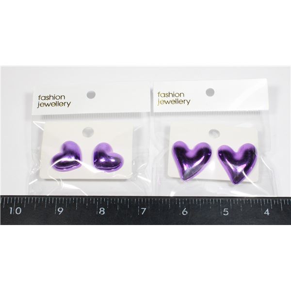 2 NEW PAIRS PURPLE OF HEART DESIGN STUD EARRINGS