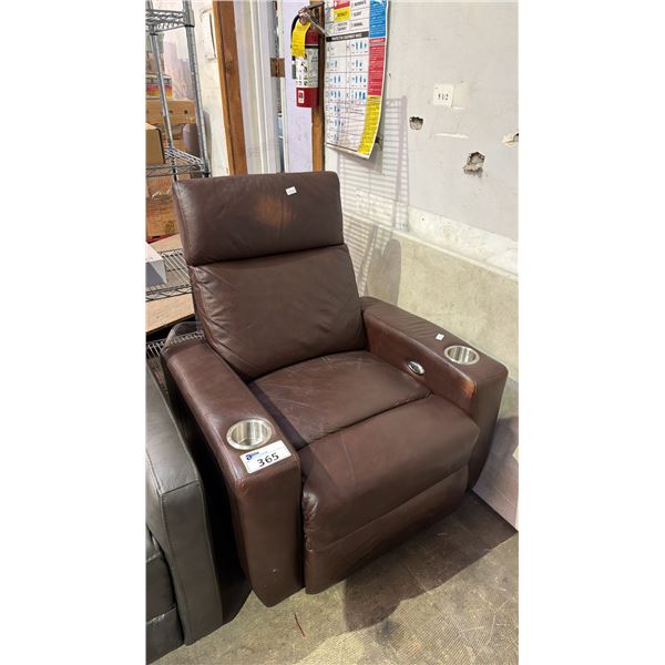 LEATHER ELECTRIC RECLINER WITH CUPHOLDERS (NO POWER CORD, UNKNOWN WORKING CONDITION)