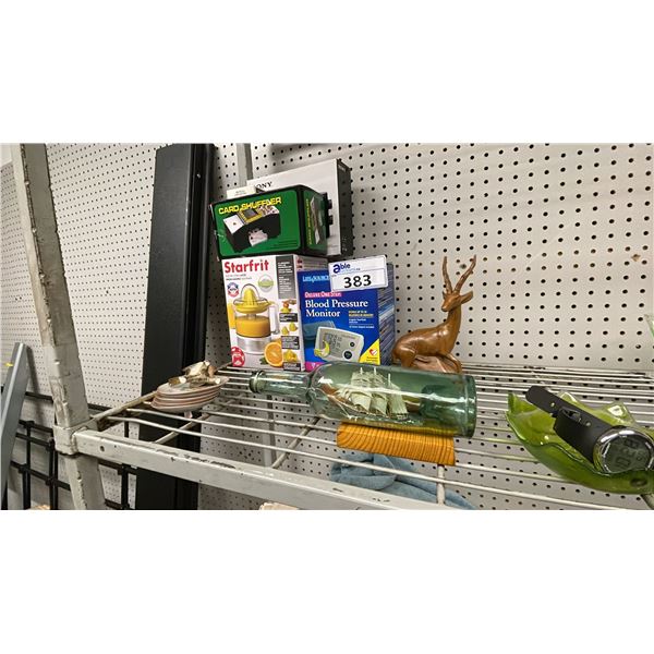 ASSORTED ITEMS INCLUDING; CARD SHUFFLER, DELUXE ONE STEP BLOOD PRESSURE MONITOR, SHIP IN A BOTTLE