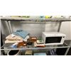 Image 1 : SHELF OF ASSORTED ITEMS INCLUDING; MICROWAVE, BUSHNELL BINOCULARS, JEWELRY BOXES & MORE