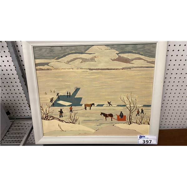 FRAMED PRINT BY SARAH MARGARET ROBERTSON TITLED "ICE CUTTING" 27" X 23"