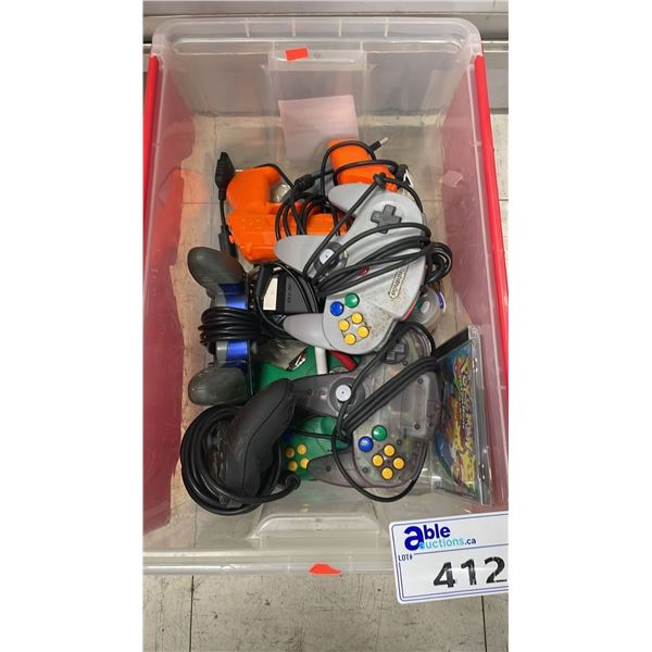 BIN OF ASSORTED VIDEO GAME CONSOLE CONTROLLERS