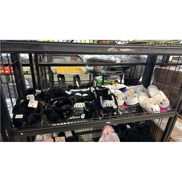 SHELF OF ASSORTED EAR MUFFS & CHILDREN'S SLIPPERS