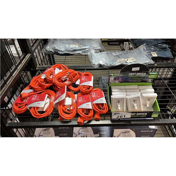 *NEW* BOX OF LIGHT SWITCH STYLE CORDLESS LIGHTS & (11) 12' OUTDOOR EXTENSION CORDS