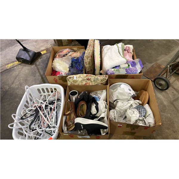 PALLET OF ASSORTED ITEMS INCLUDING; SHOES, LAUNDRY BASKET, SCARVES & MORE