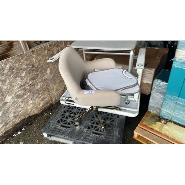 PALLET OF ASSORTED ITEMS INCLUDING; OFFICE CHAIR, TABLE & ELECTRIC HEIGHT ADJUSTABLE DESK