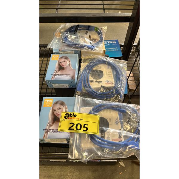 LOT OF ASSORTED ITEMS INCLUDING MULTIFUNCTIONAL CHARGING STAND, WIRELESS EARBUDS, USB 2.0 PORTS