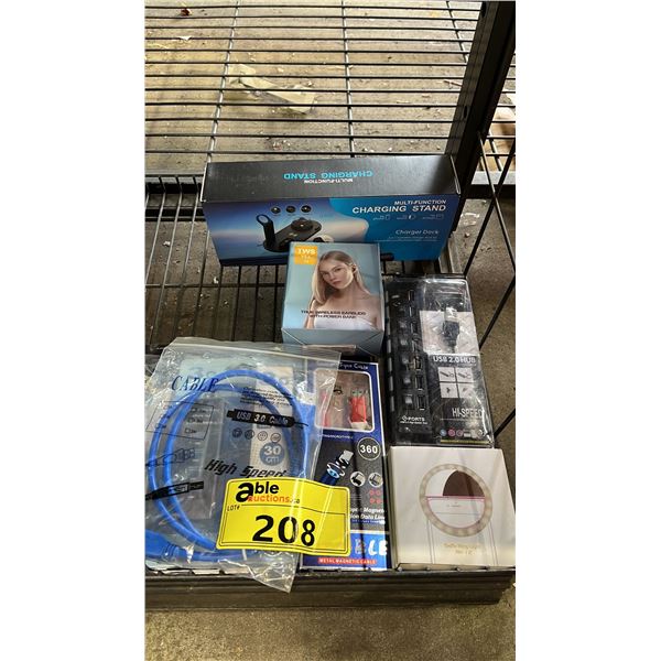 LOT OF ASSORTED ITEMS INCLUDING MULTIFUNCTIONAL CHARGING STAND, WIRELESS EARBUDS, USB PORTS AND MORE