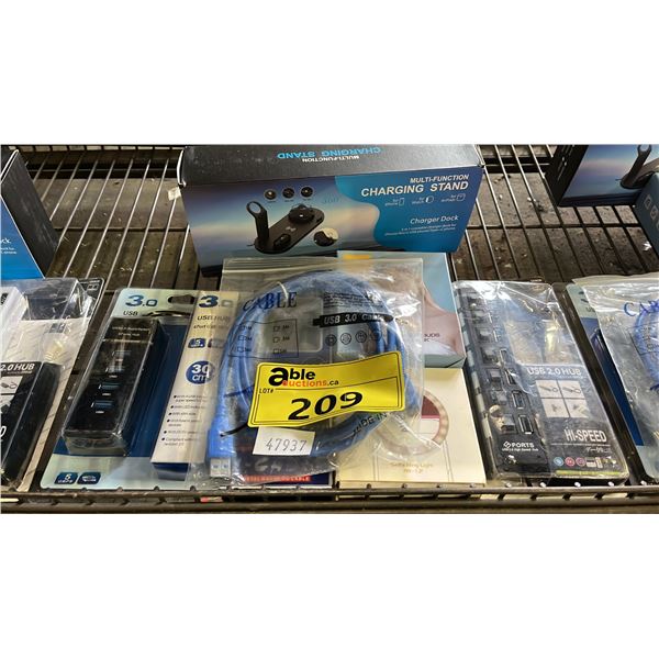 LOT OF ASSORTED ITEMS INCLUDING MULTIFUNCTIONAL CHARGING STAND, WIRELESS EARBUDS, USB PORTS AND MORE