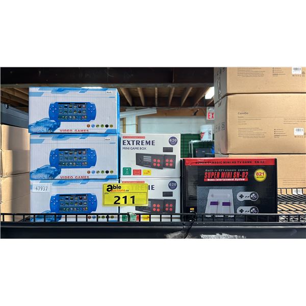 (3) HANDHELD GAME CONSOLES, (2) EXTREME MINI GAME BOX AND SUPER MINI SN-02 GAME