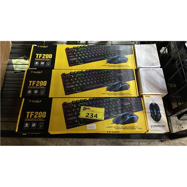 *NEW IN BOX* (3) T-WOLF TF 200 RAINBOW BACKLIGHT GAME KEYBOARD AND MOUSE SET AND (3) WIRED MOUSE