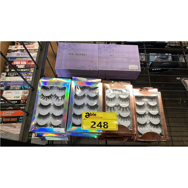 LOT OF ASSORTED BEAUTY PRODUCTS INCLUDING EYELASHES AND (2) ICE GLOBES FACIAL MASSAGERS