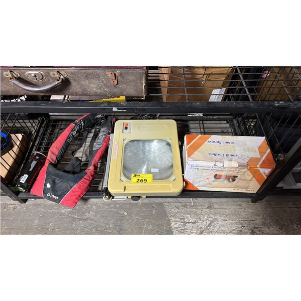 ASSORTED ITEMS INCLUDING ELMO OVERHEAD PROJECTOR, CORDLESS ELECTROSTATIC SPRAYER AND MORE