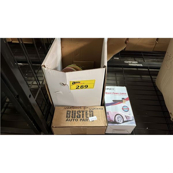 ASSORTED ITEMS INCLUDING MATCC SNOW FOAM LANCE, BETASEAL AUTO GLASS URETHANE ADHESIVE AND MORE