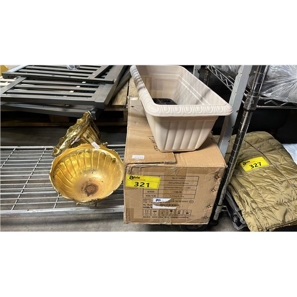 (2) BRASS FOOTED PLANTERS AND A BOX OF PLASTIC WINDOW BOX PLANTERS