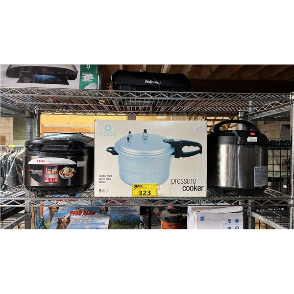 SHELF OF ASSORTED ITEMS INCLUDING FRESHCO PRESSURE COOKER, T-FAL ACTICOOK & STIR AND MORE