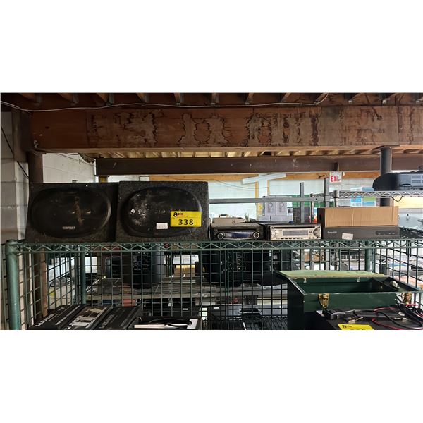 SHELF OF PIONEER CAR SPEAKERS, PANASONIC STEREO, JVC CD RECEIVER AND MORE