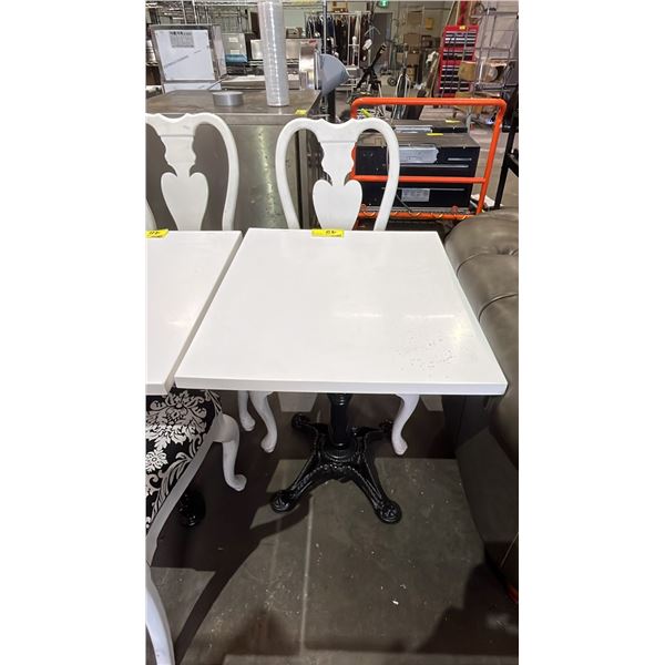 27.5" X 23.5" TABLE WITH METAL BASE & 1 WOOD DINING CHAIR