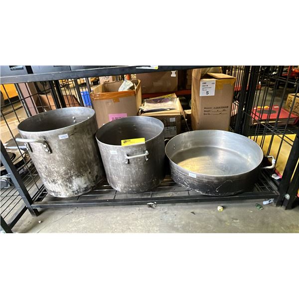 (3) LARGE COMMERCIAL GRADE STOCK POTS: 20" FLAT/13" ROUND X 11" T/14" ROUND X 16" TALL