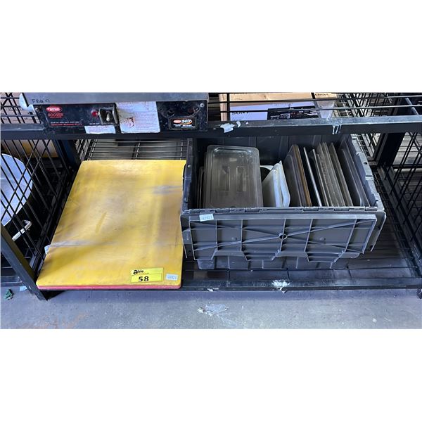 (2) LARGE PLASTIC CUTTING BOARDS & A BOX OF FOOD STORAGE CONTAINERS & TRAYS