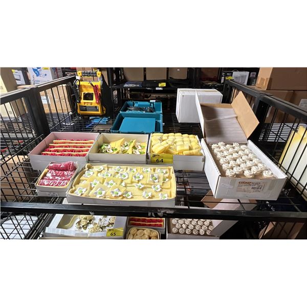 SHELF OF ASSORTED EDIBLE CAKE DECORATIONS:  FLOWERS, HEARTS & BUTTERFLIES
