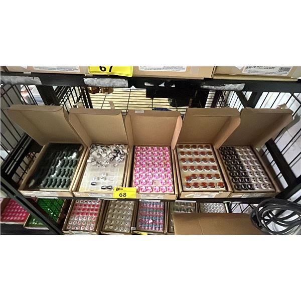 SHELF OF ASSORTED LUCK'S DEC-ONS SUGAR DECORATIONS: CATS, MUSTACHES, WEDDING & MORE