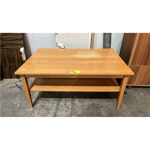 WOOD COFFEE TABLE WITH SHELF: 46.5"L X 30.75"D X 21"T