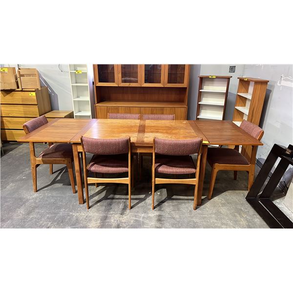 MID CENTURY MODERN DANISH WOOD TABLE WITH EXTENDIBLE LEAVES & 6 DINING CHAIRS