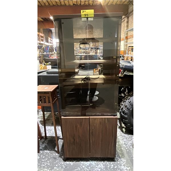 WOOD MEDIA CABINET WITH SMOKED GLASS UPPER DOORS: APPROX. 58"T X 22.5"W X 19"D