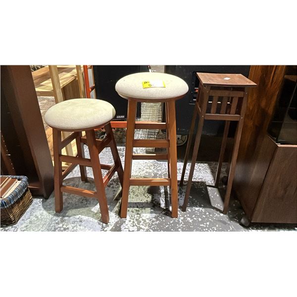 WOOD PLANTER STAND & (2) WOOD STOOLS WITH FABRIC UPHOLSTERED PADDED SEATS