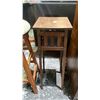 Image 2 : WOOD PLANTER STAND & (2) WOOD STOOLS WITH FABRIC UPHOLSTERED PADDED SEATS