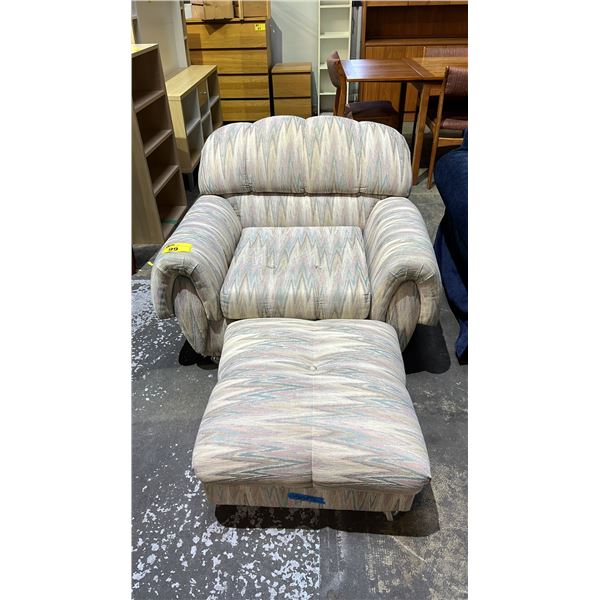 FABRIC UPHOLSTERED ARM CHAIR WITH OTTOMAN: BOTH ON CASTERS