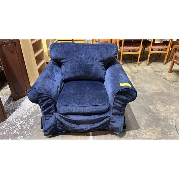 BLUE FABRIC UPHOLSTERED ARM CHAIR WITH SKIRT