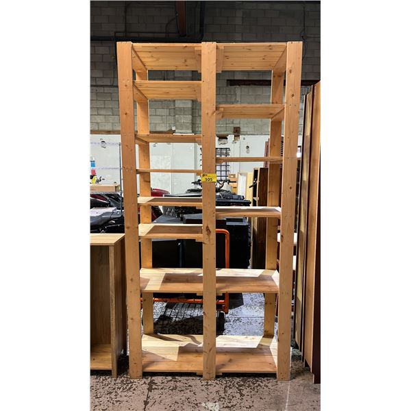 LARGE WOOD STORAGE SHELF: APPROX. 86.5"T X 44"W X 19"D