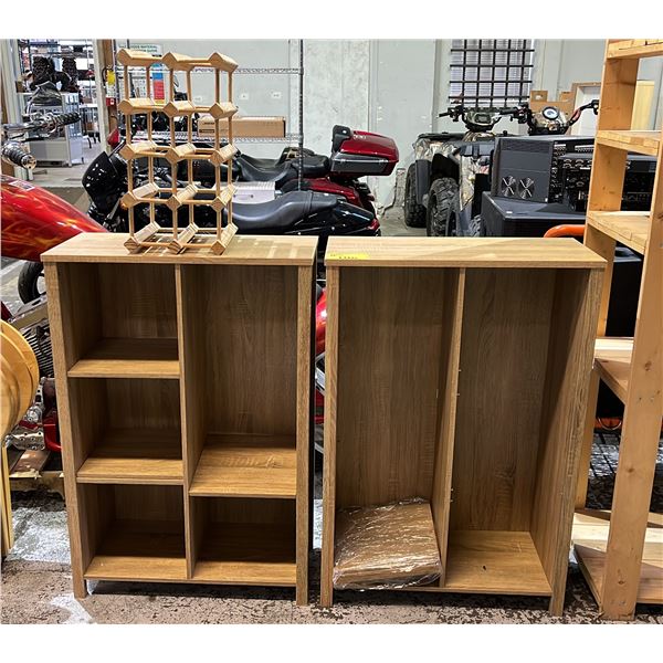 PAIR OF WOOD STORAGE SHELVES & AN 8-BOTTLE WOOD WINE RACK: SHELVES ARE APPROX. 38"T X 26"W X 12"D