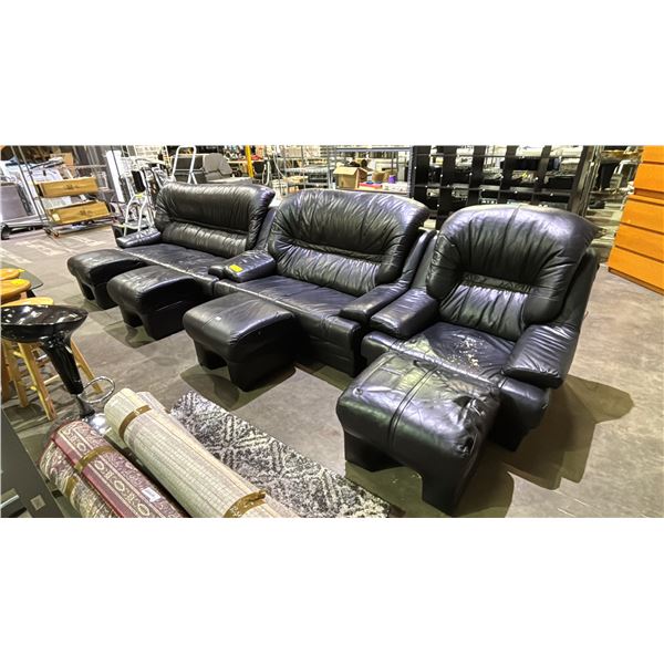 3-PC LEATHER SOFA SET (SOFA, LOVESEAT & LOUNGE CHAIR) WITH 4 FOOT RESTS (CLEANING REQUIRED)