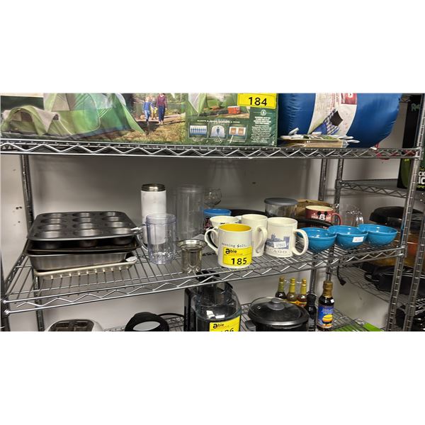 SHELF OF ASSORTED ITEMS INCLUDING; MUFFIN PAN, MUGS, BOWLS & MORE
