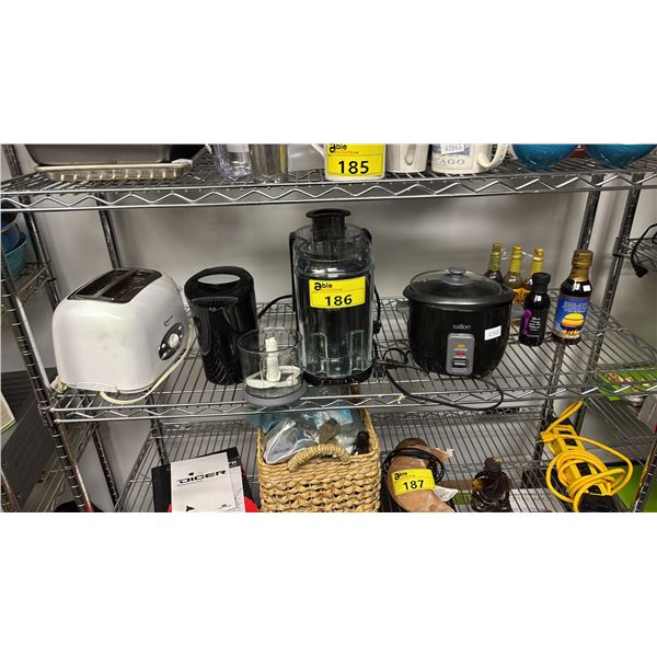 SHELF OF ASSORTED ITEMS INCLUDING; TOASTER, JUICER, HOT SAUCE & MORE