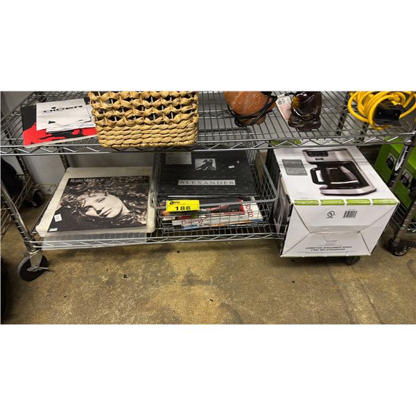 SHELF OF ASSORTED ITEMS INCLUDING; TRU PROGRAMMABLE 12-CUP COFFEE MAKER, BOOKS, VINYL RECORD & MORE