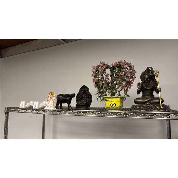 SHELF OF ASSORTED ITEMS INCLUDING; FIGURINES, GLASS JADE BONZAI TREE & MORE