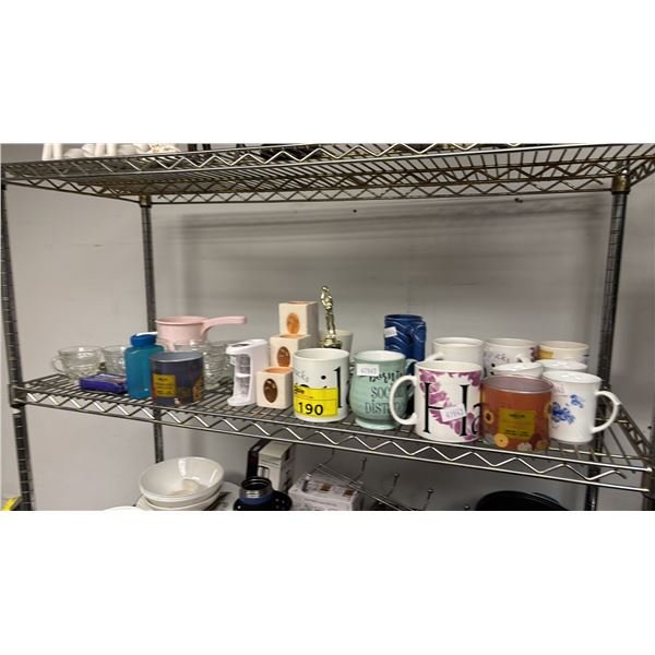 SHELF OF ASSORTED ITEMS INCLUDING; MUGS, CANDLE, GLASSWARE & MORE