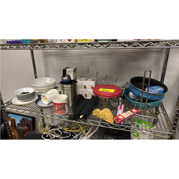 SHELF OF ASSORTED ITEMS INCLUDING; STAINLESS STEEL COCKTAIL SHAKER, TAVERN MINI MUGS, INCENSE &