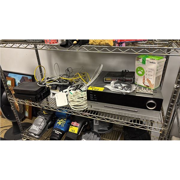 SHELF OF ASSORTED ITEMS INCLUDING; HARMAN KARDON AVR 630 HOME THEATRE RECEIVER, ROUTER, POWER