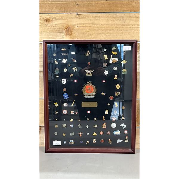 BOX FRAME OF ASSORTED VINTAGE COLLECTIBLE PINS WITH "TONY CRAIG" PLAQUE: 21"T X 17"W X2.5"D
