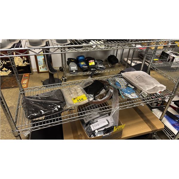 SHELF OF ASSORTED ITEMS INCLUDING; SUNGLASSES, CLOTHING, TOQUE, PEDICURE SLIDES & MORE