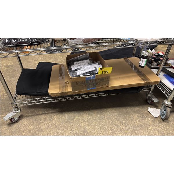 SHELF OF ASSORTED ITEMS INCLUDING; UNIVERSAL TV REMOTES, WOOD SHELVES & BLACK BAG